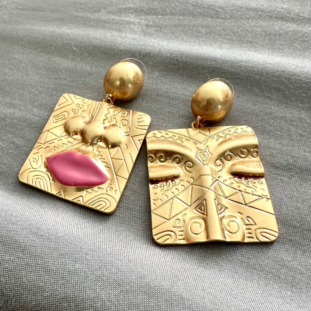 Dramatic Vintage Art Deco  Gold-Plated Human Face Statue Earrings ✨